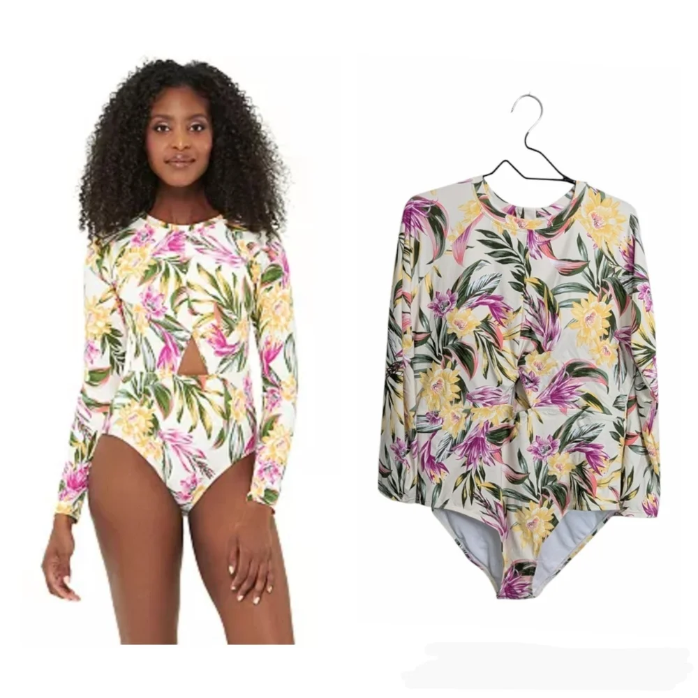 NWT Freshwater Floral One Piece Swimsuit Long Sleeve Bathing Suit Yellow XXL